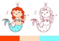 Coloring book page with little mermaid. Vector printable temlate with color examples