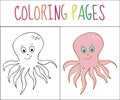 Coloring book page, octopus. Sketch and color version. Coloring for kids. Vector illustration