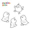 Coloring page, outline drawings of domestic farm birds of ducks, chicks, ducklings isolated on a white background Royalty Free Stock Photo
