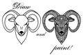 Coloring book page with patterned head of a ram or mutton isolated on white background. Decoration for printing on fabric. Royalty Free Stock Photo