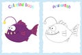 Coloring book page for preschool children with colorful anglerfish and sketch to color