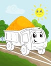 Coloring book page for preschool children with colorful background and sketch working truck car for coloring