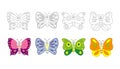 Coloring book page for preschool children with colorful butterflies and sketch to color. Vector butterfly illustration isolate Royalty Free Stock Photo