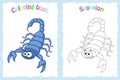 Coloring book page for preschool children with colorful scorpion