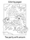 Coloring book page princess and unicorn drink tea with sweets