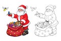 Coloring book or page. Santa Claus with Christmas gifts. Royalty Free Stock Photo