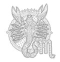 Coloring book page with scorpion and zodiac sign