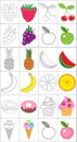 Coloring book, page set. Fruits collection. Sketch and color version. Coloring for kids. Childrens education. Vector Royalty Free Stock Photo