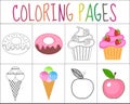 Coloring book page set. Sweets collection. Sketch and color version. for kids.