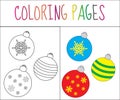 Coloring book page toys balls New Year. Sketch and color version. Coloring for kids. Vector illustration Royalty Free Stock Photo
