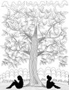 Coloring Book Page With Two Girls Reading Book Leaning On Apple Tree. Sheet To Be Colored With Kids Writing In Notebooks Royalty Free Stock Photo