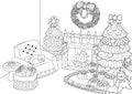 Coloring book, Coloring page of zentangle stylized Christmas tree,fireplace,armchair for Santa clause, Christmas wreath and presen