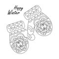 Coloring book pages, Christmas cartoon mittens with pattern. Happy winter text. Vector illustration Royalty Free Stock Photo