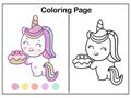 Coloring book pages Cute unicorn cartoon with birthday cake kawaii vector animal horn horse fairytale illustration Royalty Free Stock Photo