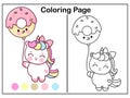 Coloring book pages Cute unicorn cartoon hold donut balloon girl kawaii vector animal horn horse fairytale illustration