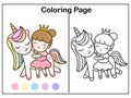 Coloring book pages Cute unicorn cartoon and princess girl kawaii vector animal horn horse fairytale illustration Royalty Free Stock Photo