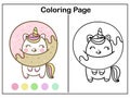 Coloring book pages Cute unicorn cartoon with sweet donut kawaii vector animal horn horse fairytale illustration