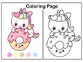 Coloring book pages Cute unicorn cartoon and yummy donut girl kawaii vector animal horn horse fairytale illustration