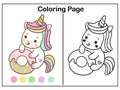 Coloring book pages Cute unicorn cartoon with yummy donut kawaii vector animal horn horse fairytale illustration