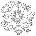 Coloring book pages for kids. Space theme. Stars planets sun galaxies, alien spaceships . Vector illustration on a white