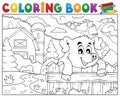 Coloring book pig behind fence near farm Royalty Free Stock Photo