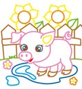 Coloring Book Of Pig Near Sunflowers