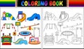 Coloring book with playground equipment icons set Royalty Free Stock Photo