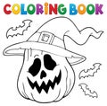 Coloring book pumpkin in witch hat