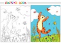 Coloring book. Red cat jumping over the butterflies in the grass and flowers on background of blue sky and white clouds. Royalty Free Stock Photo