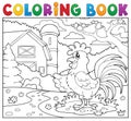 Coloring book rooster near farm