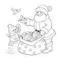 Coloring book. Santa Claus, rabbit and birds with Christmas gifts. Royalty Free Stock Photo