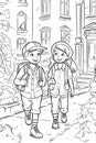 Coloring book school kids theme. Black and white illustration. Generative ai Royalty Free Stock Photo