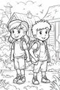 Coloring book school kids theme. Black and white illustration. Generative ai Royalty Free Stock Photo