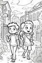 Coloring book school kids theme. Black and white illustration. Generative ai Royalty Free Stock Photo