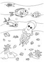 Coloring book sea life. exotic fishes and jellyfish. Underwater world. outline vector Black and white illustration for Royalty Free Stock Photo