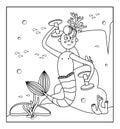 Coloring book. Seascape. Cartoon mermaid boy playing sports underwater. With a tail, dumbbells. Bubbles, fish, rocks and Royalty Free Stock Photo