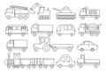 Coloring book. Set of transport. Car, bus, train, fire truck, concrete mixer, dump truck, truck, train, tractor, excavator and etc