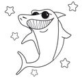 Coloring book Shark smiling with sharp teeth. Sea Fish isolated on white background. Black and white cartoon character page print. Royalty Free Stock Photo