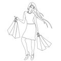 Coloring book with shopping girl, contour