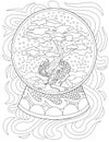 Coloring Book With Snow Glass With Dragon Around Bonsai Inside. Sheet To Be Colored With Snowing Globe With Trees And