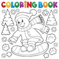 Coloring book snowman on snowboard