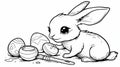 Coloring book style illustration joyful bunny painting easter eggs with colorful paints