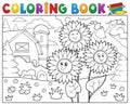 Coloring book sunflowers near farm