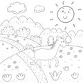 Coloring book sunny meadow, mountains, trees design for kids