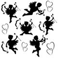 Set of 6 Cupid silhouettes isolated on white. Valentines Day Symbol.