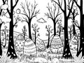 Coloring book. There are many Easter eggs lying in forest. Vector illustration, generative ai. Royalty Free Stock Photo