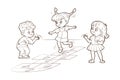 Coloring book two girls and a boy are jumping playing hopscotch. Vector illustration in cartoon style, black and white Royalty Free Stock Photo