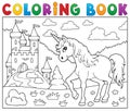 Coloring book unicorn near castle