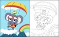 Coloring book vector of elephant with frog skydiving on mountains and rainbow background