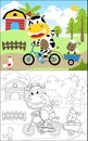 Coloring book vector of funny cow riding bicycle pulling sheep on wheelbarrow. Farmyard animals on farm field background